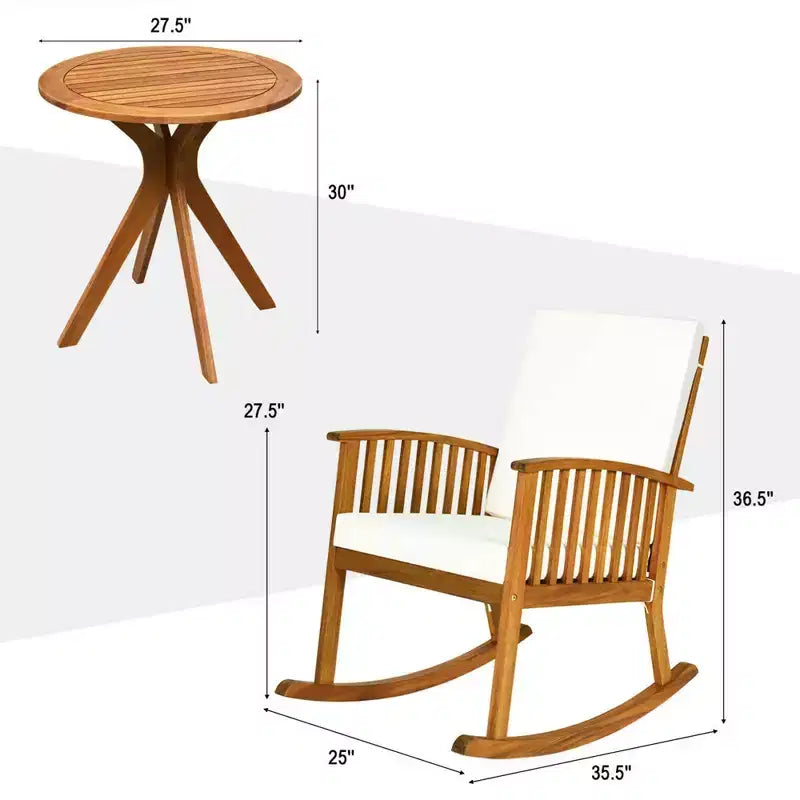 Costway Ensemble de 3 chaises à bascule de terrasse Table ronde Bois massif Canapé rembourré Jardin