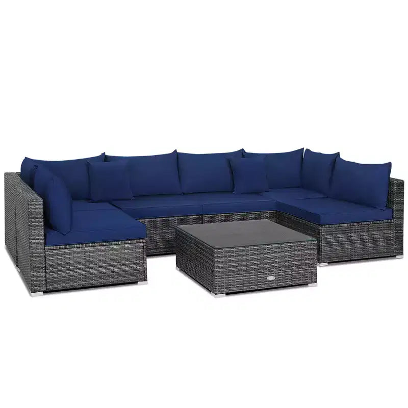 Costway Salon de Jardin 7 pièces en Rotin Canapé Modulable Rembourré pour Extérieur Marine