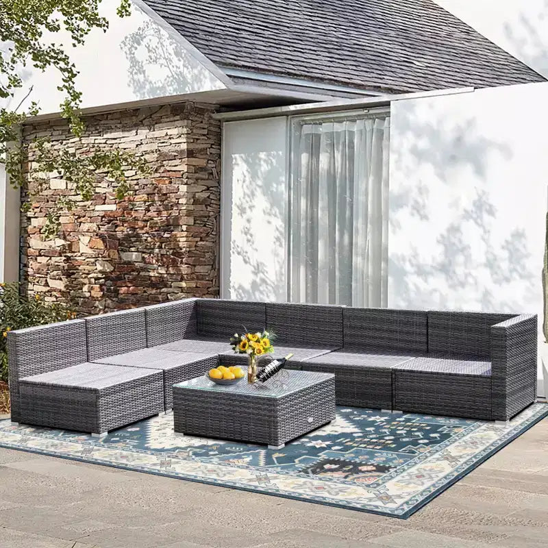 Costway Salon de Jardin 7 pièces en Rotin Canapé Modulable Rembourré pour Extérieur Marine