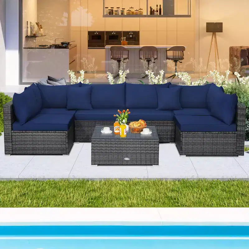 Costway Salon de Jardin 7 pièces en Rotin Canapé Modulable Rembourré pour Extérieur Marine