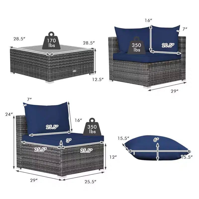 Costway Salon de Jardin 7 pièces en Rotin Canapé Modulable Rembourré pour Extérieur Marine