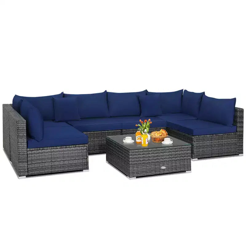 Costway Salon de Jardin 7 pièces en Rotin Canapé Modulable Rembourré pour Extérieur Marine