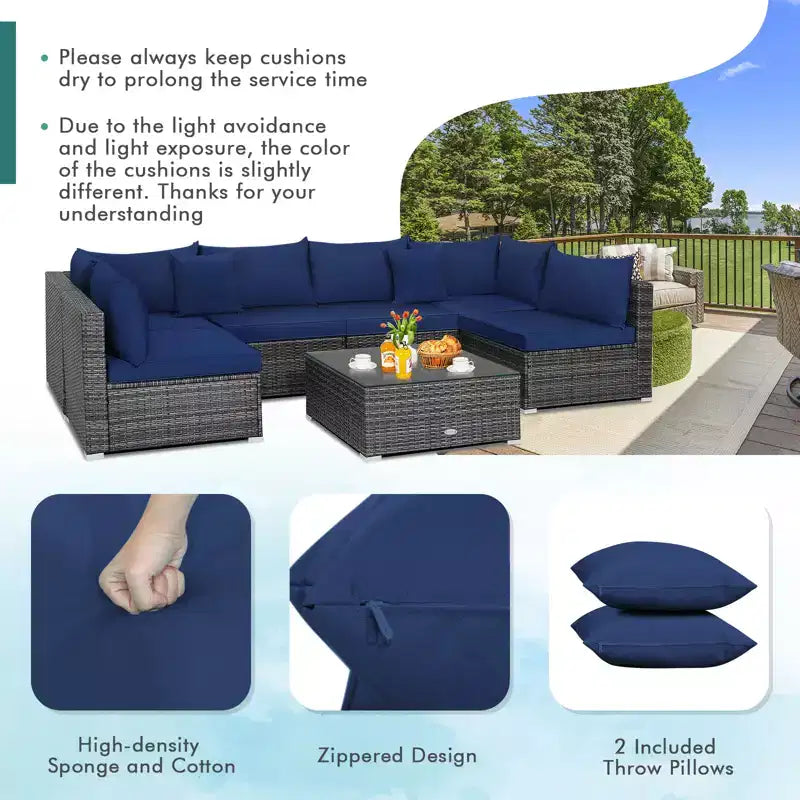 Costway Salon de Jardin 7 pièces en Rotin Canapé Modulable Rembourré pour Extérieur Marine