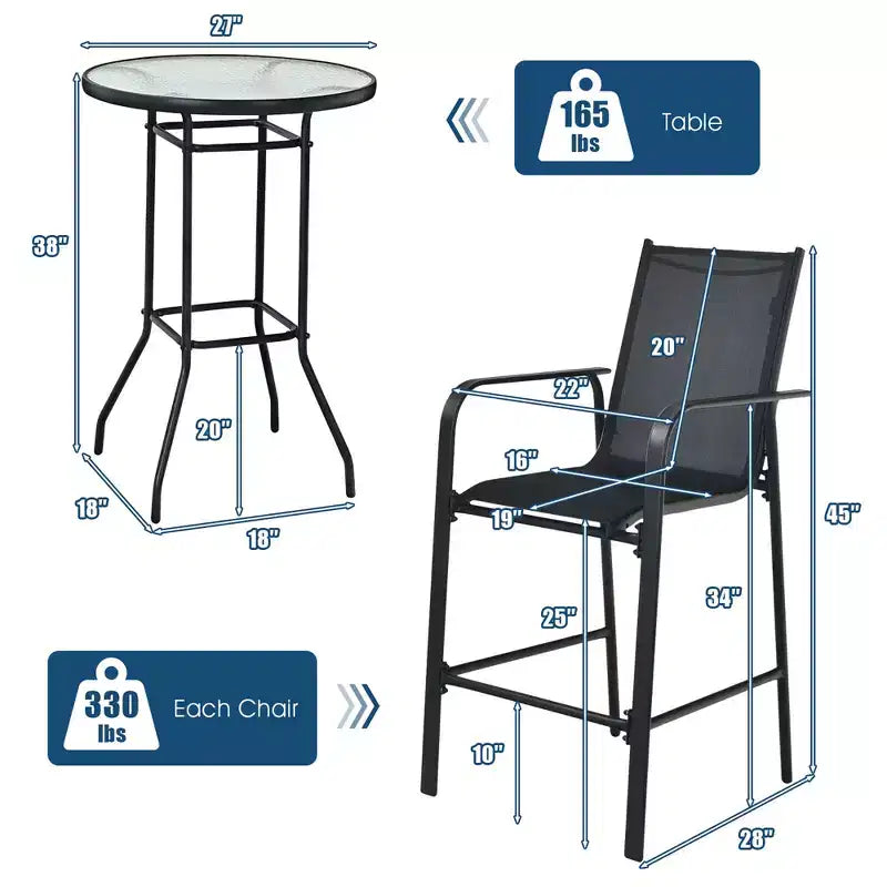 Costway Ensemble de 3 Tabourets de Bar d'Extérieur avec Plateau en Verre Trempé Hauteur de Table de Patio