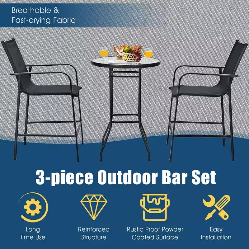 Costway Ensemble de 3 Tabourets de Bar d'Extérieur avec Plateau en Verre Trempé Hauteur de Table de Patio