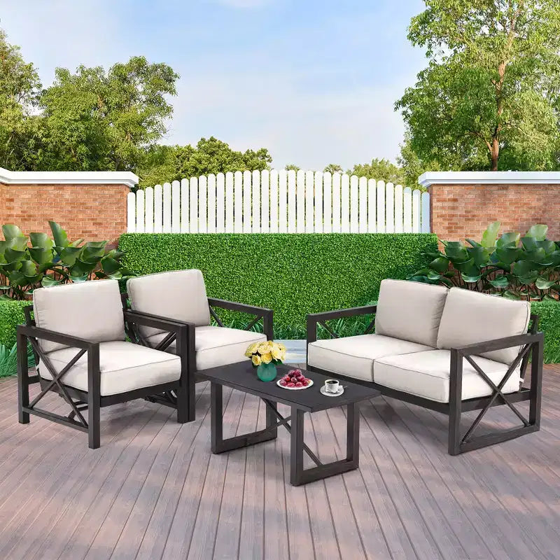 Costway Ensemble 2 Tables Basses pour Patio Causeuse Coussins Épais 6'' Jardin Beige