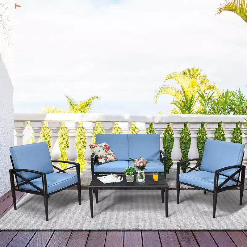 Costway 4PCS Patio Furniture Set Aluminum Frame Cushioned Sofa Chair Coffee Table Blue