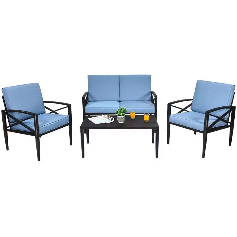 Costway, ensemble mobilier de jardin 4 pièces, cadre en aluminium, canapé et chaises avec coussins, table basse bleus