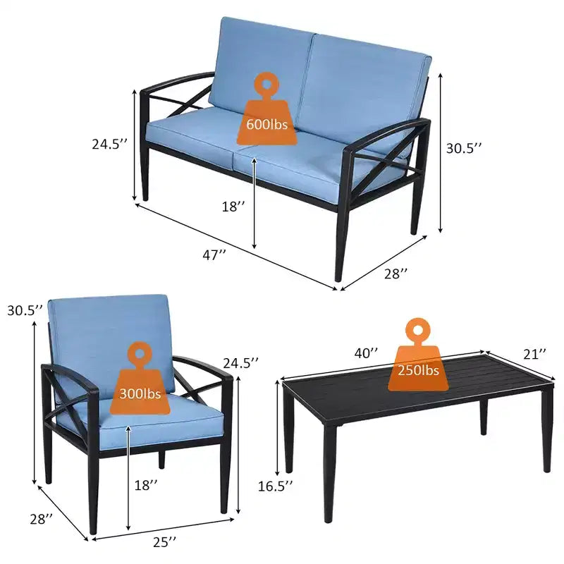 Costway, ensemble mobilier de jardin 4 pièces, cadre en aluminium, canapé et chaises avec coussins, table basse bleus