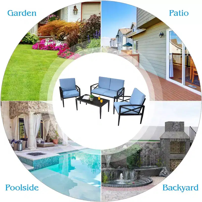Costway, ensemble mobilier de jardin 4 pièces, cadre en aluminium, canapé et chaises avec coussins, table basse bleus