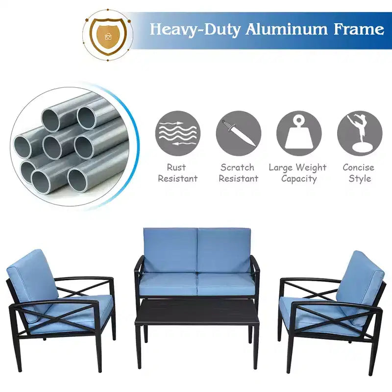 Costway, ensemble mobilier de jardin 4 pièces, cadre en aluminium, canapé et chaises avec coussins, table basse bleus
