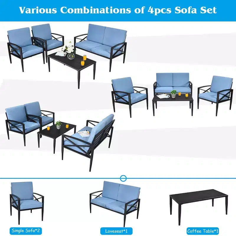 Costway, ensemble mobilier de jardin 4 pièces, cadre en aluminium, canapé et chaises avec coussins, table basse bleus