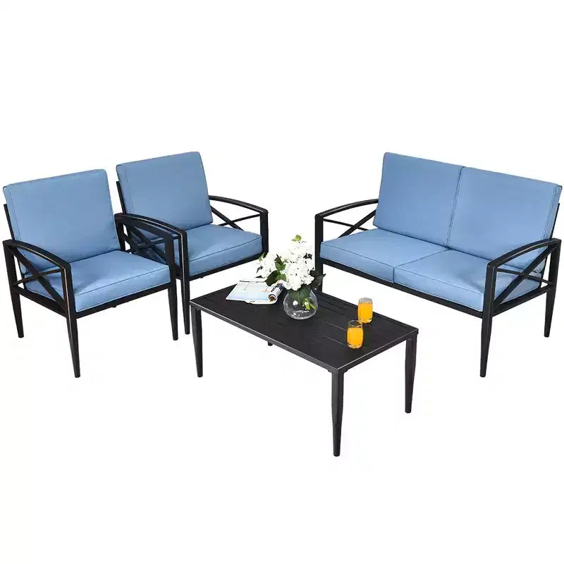 Costway, ensemble mobilier de jardin 4 pièces, cadre en aluminium, canapé et chaises avec coussins, table basse bleus