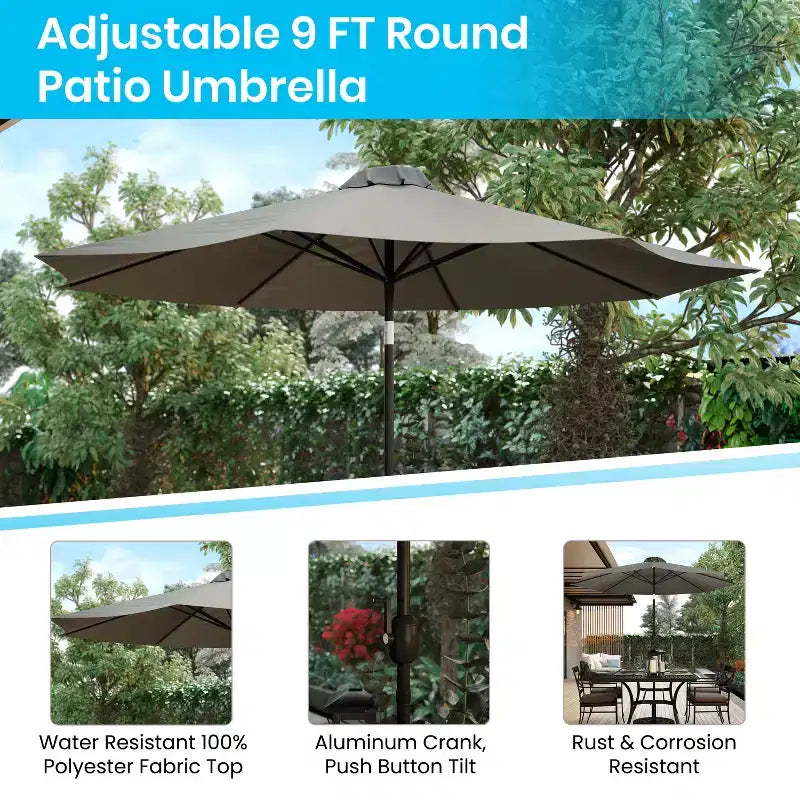 Ensemble de table de patio 5 pièces Emma et Oliver - Chaises empilables en faux teck synthétique - Table en faux teck - Parasol avec base