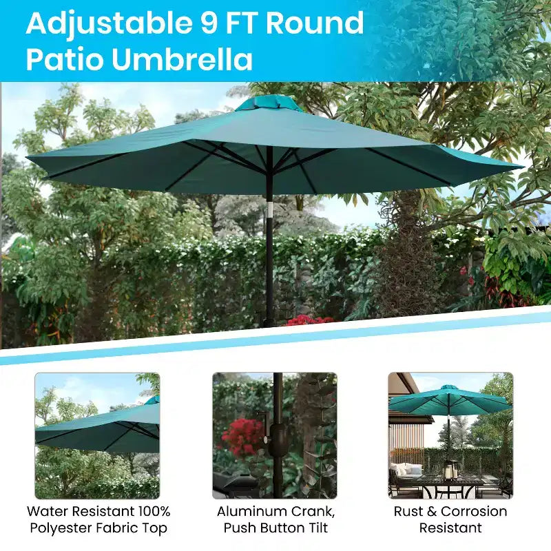 Ensemble de table de patio 5 pièces Emma et Oliver - Chaises empilables en faux teck synthétique - Table en faux teck - Parasol avec base