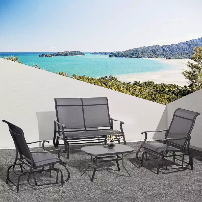 Outsunny Ensemble de planeurs 4 pièces, ensembles de meubles d'extérieur avec banc de patio planeur 2 places, chaise longue simple et table basse en verre, noir