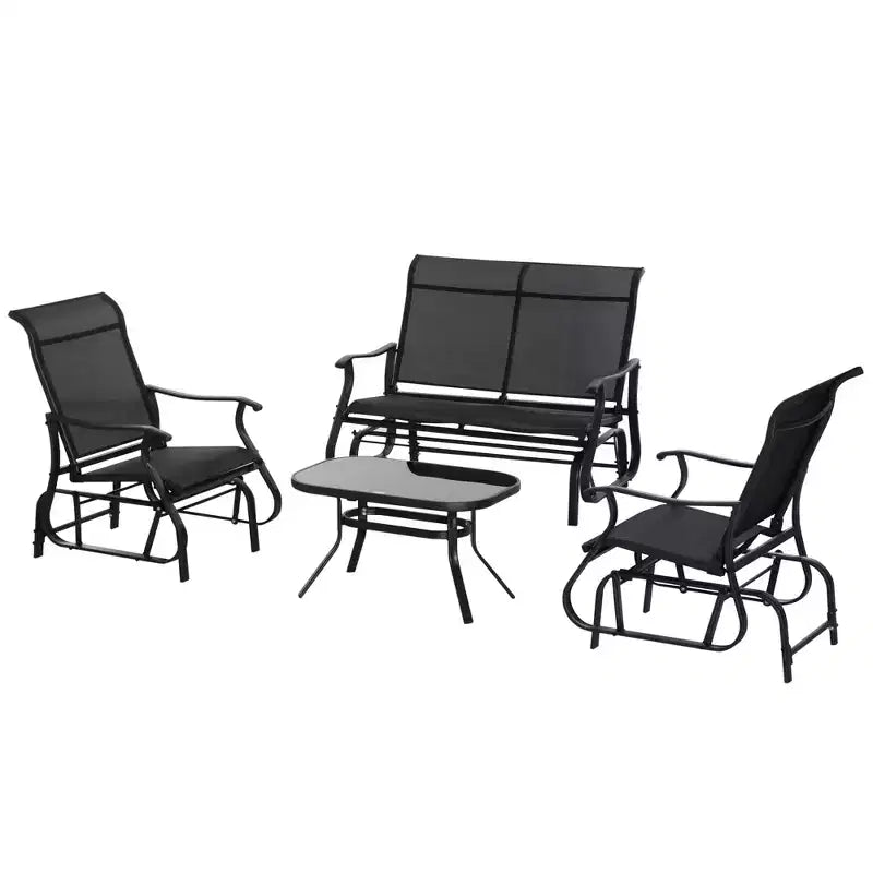 Outsunny Ensemble de planeurs 4 pièces, ensembles de meubles d'extérieur avec banc de patio planeur 2 places, chaise longue simple et table basse en verre, noir