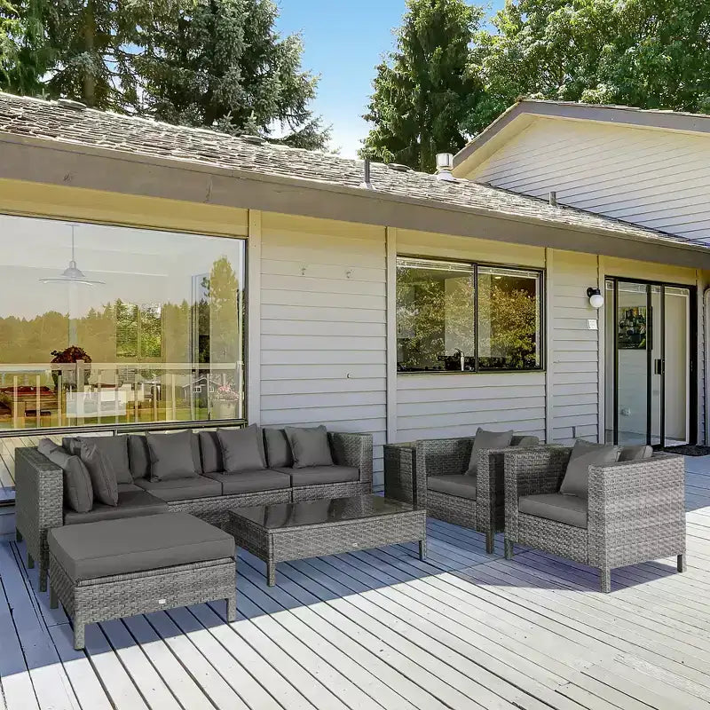 Outsunny Ensemble de mobilier de patio sectionnel d'extérieur en rotin et osier 9 pièces avec design moderne, coussins épais et doux, repose-pieds et table basse