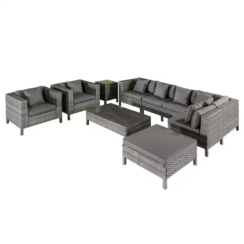 Outsunny Ensemble de mobilier de patio sectionnel d'extérieur en rotin et osier 9 pièces avec design moderne, coussins épais et doux, repose-pieds et table basse