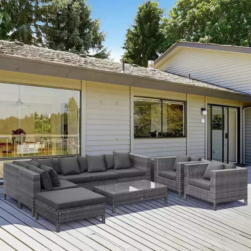 Outsunny Ensemble de mobilier de patio sectionnel d'extérieur en rotin et osier 9 pièces avec design moderne, coussins épais et doux, repose-pieds et table basse