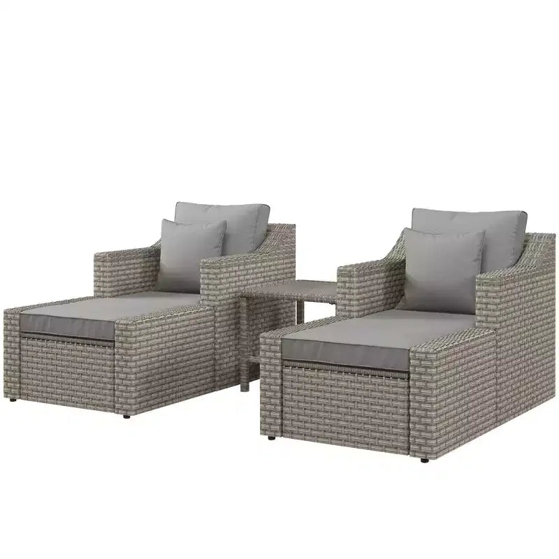 Ensemble de meubles de patio Outsunny 5 pièces, ensemble de fauteuils et poufs de conversation en rotin PE résistant aux intempéries avec table, coussins et oreillers inclus