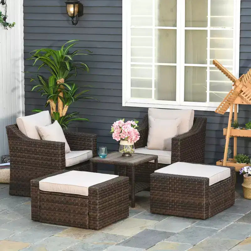 Ensemble de meubles de patio Outsunny 5 pièces, ensemble de fauteuils et poufs de conversation en rotin PE résistant aux intempéries avec table, coussins et oreillers inclus