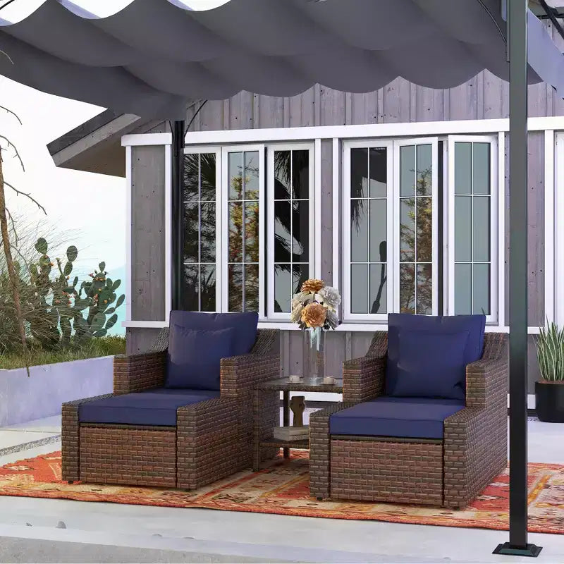 Ensemble de meubles de patio Outsunny 5 pièces, ensemble de fauteuils et poufs de conversation en rotin PE résistant aux intempéries avec table, coussins et oreillers inclus