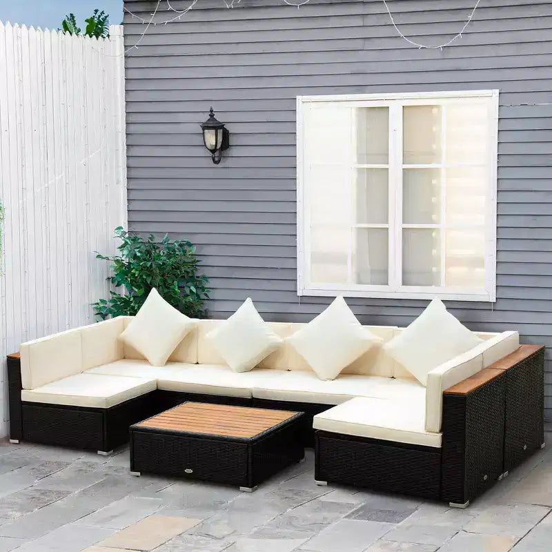 Outsunny Ensemble de Canapé d'Extérieur 7 Pièces en Rotin Tressé, Salon de Jardin Modulable en Rotin Synthétique avec Table Basse en Acacia et Coussins pour Jardin, Cour,