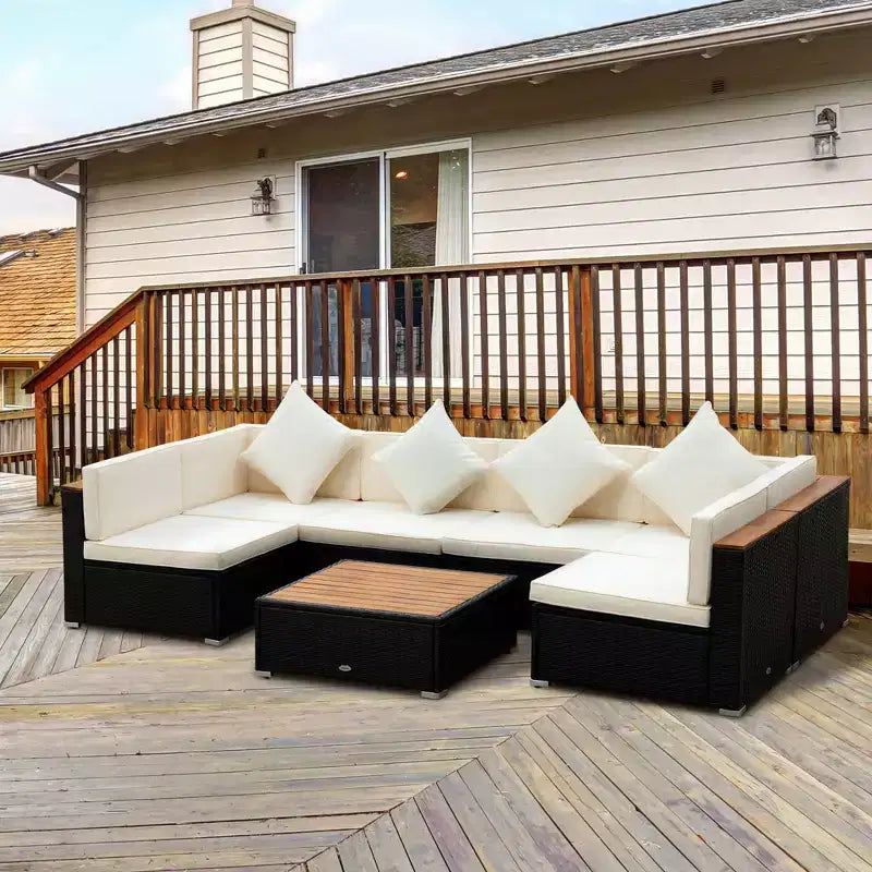Outsunny Ensemble de Canapé d'Extérieur 7 Pièces en Rotin Tressé, Salon de Jardin Modulable en Rotin Synthétique avec Table Basse en Acacia et Coussins pour Jardin, Cour,