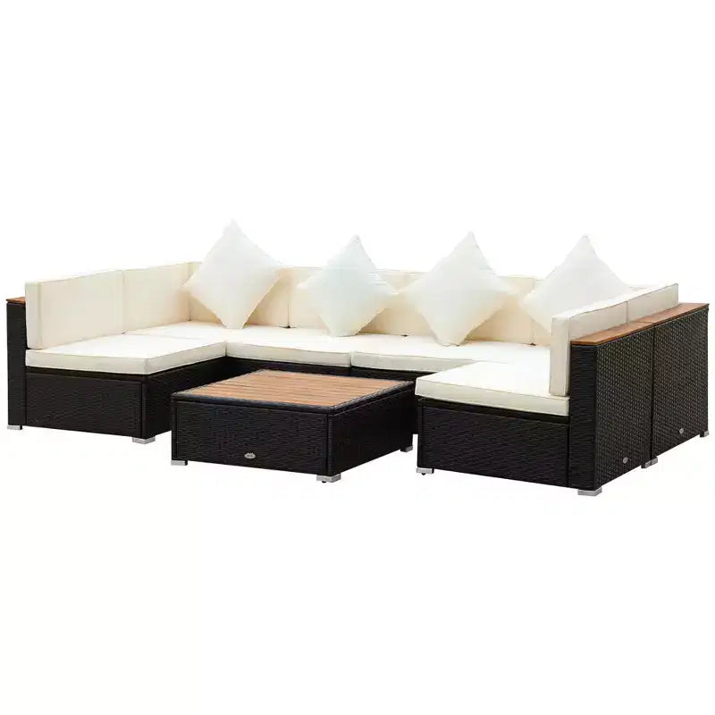 Outsunny Ensemble de Canapé d'Extérieur 7 Pièces en Rotin Tressé, Salon de Jardin Modulable en Rotin Synthétique avec Table Basse en Acacia et Coussins pour Jardin, Cour,