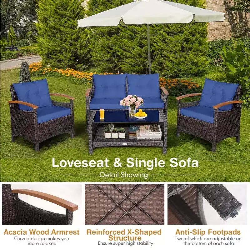 Costway Salon de Jardin 4 Pièces en Rotin avec Coussins Canapé et Table de Rangement