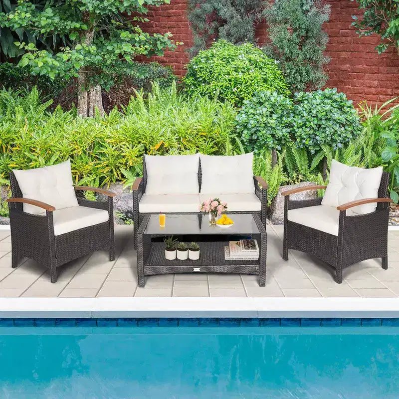 Costway Salon de Jardin 4 Pièces en Rotin avec Coussins Canapé et Table de Rangement
