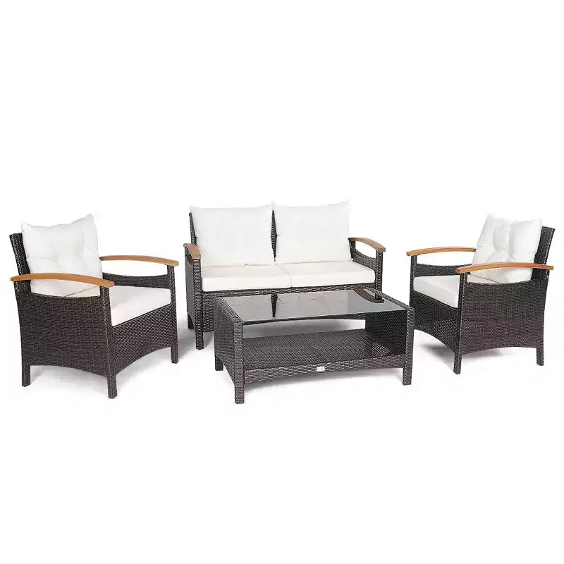 Costway Salon de Jardin 4 Pièces en Rotin avec Coussins Canapé et Table de Rangement