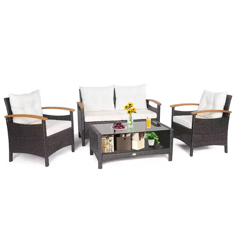 Costway Salon de Jardin 4 Pièces en Rotin avec Coussins Canapé et Table de Rangement