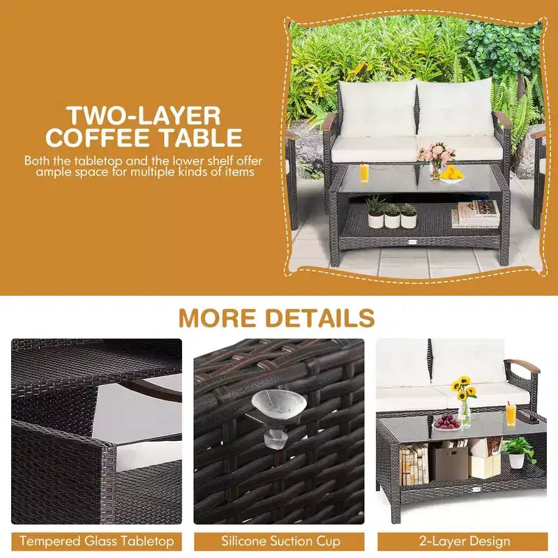 Costway Salon de Jardin 4 Pièces en Rotin avec Coussins Canapé et Table de Rangement