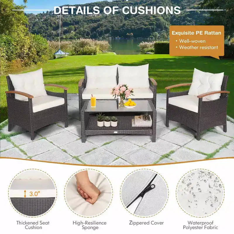 Costway Salon de Jardin 4 Pièces en Rotin avec Coussins Canapé et Table de Rangement