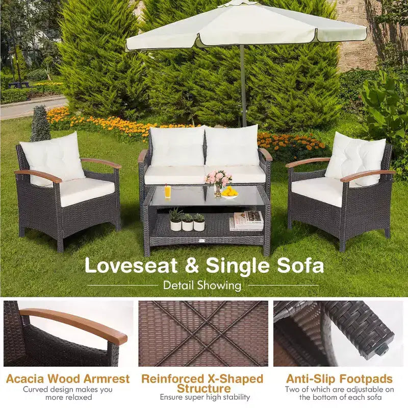 Costway Salon de Jardin 4 Pièces en Rotin avec Coussins Canapé et Table de Rangement