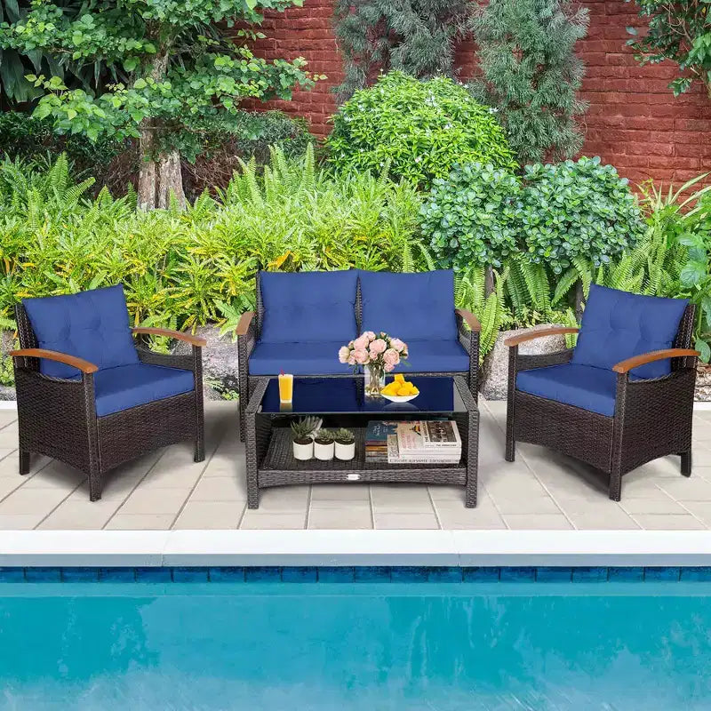 Costway Salon de Jardin 4 Pièces en Rotin avec Coussins Canapé et Table de Rangement