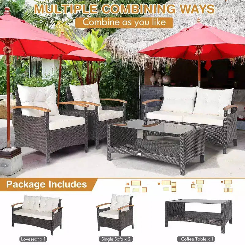 Costway Salon de Jardin 4 Pièces en Rotin avec Coussins Canapé et Table de Rangement
