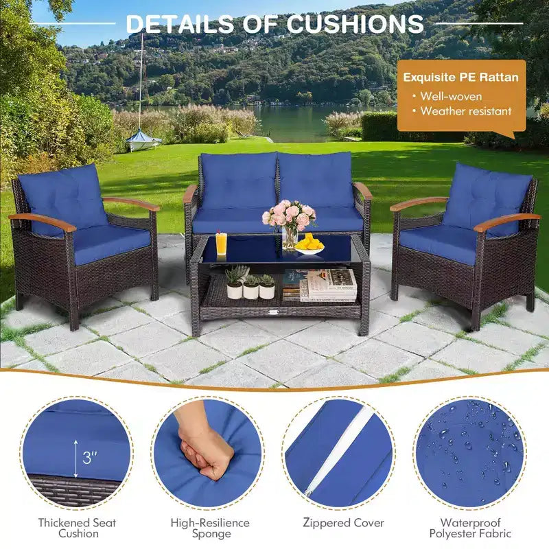 Costway Salon de Jardin 4 Pièces en Rotin avec Coussins Canapé et Table de Rangement