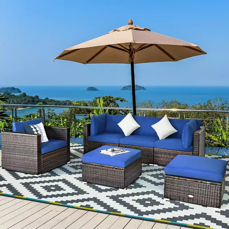 Costway Ensemble de Meubles de Jardin en Rotin 6 Pièces Canapé Table Basse Pouf Bleu Marine