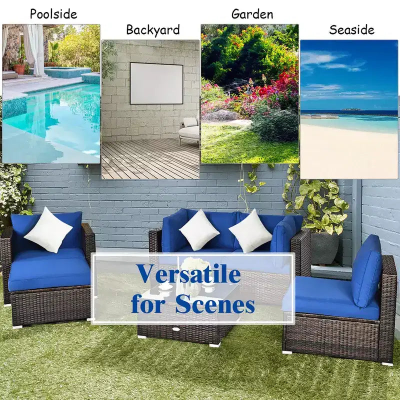 Costway Ensemble de Meubles de Jardin en Rotin 6 Pièces Canapé Table Basse Pouf Bleu Marine