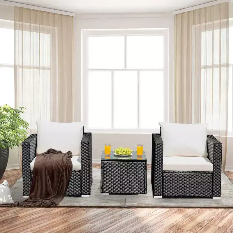 Costway Ensemble de meubles de patio en osier 3 pièces avec canapé en rotin et coussins pour jardin