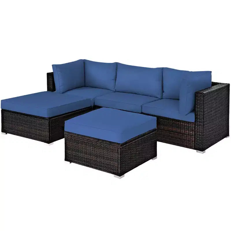 Costway Ensemble de Meubles de Jardin en Rotin 5 Pièces, Canapé Sectionnel, Table Basse, Pouf, Bleu Marine