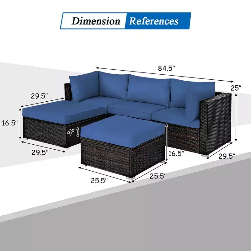 Costway Ensemble de Meubles de Jardin en Rotin 5 Pièces, Canapé Sectionnel, Table Basse, Pouf, Bleu Marine