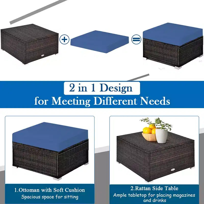 Costway Ensemble de Meubles de Jardin en Rotin 5 Pièces, Canapé Sectionnel, Table Basse, Pouf, Bleu Marine