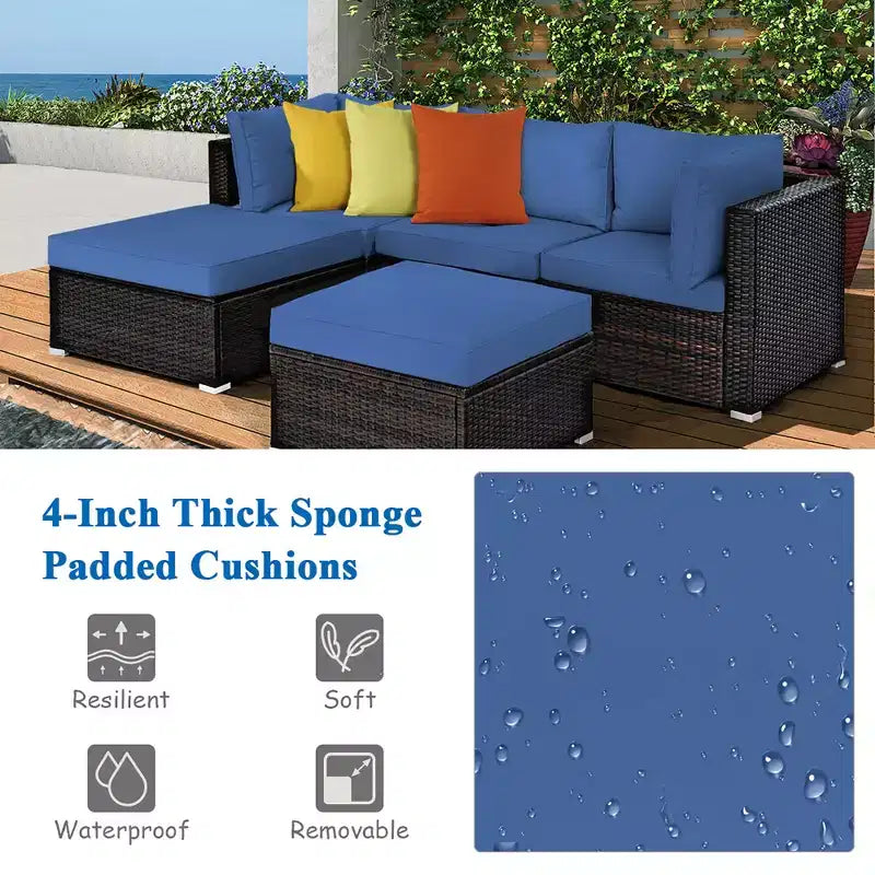 Costway Ensemble de Meubles de Jardin en Rotin 5 Pièces, Canapé Sectionnel, Table Basse, Pouf, Bleu Marine