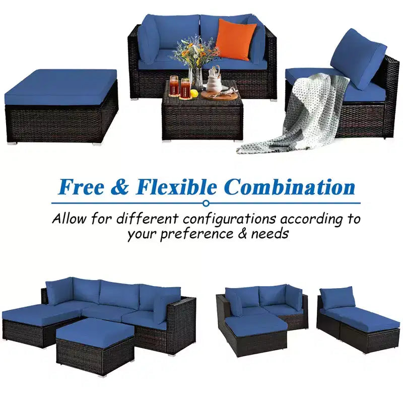 Costway Ensemble de Meubles de Jardin en Rotin 5 Pièces, Canapé Sectionnel, Table Basse, Pouf, Bleu Marine