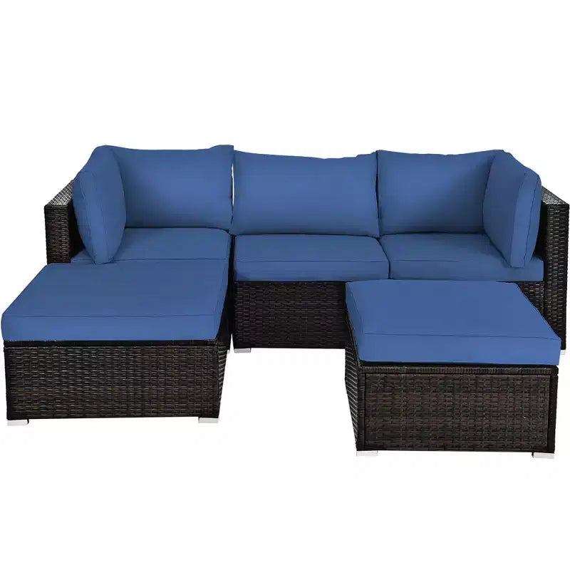 Costway Ensemble de Meubles de Jardin en Rotin 5 Pièces, Canapé Sectionnel, Table Basse, Pouf, Bleu Marine
