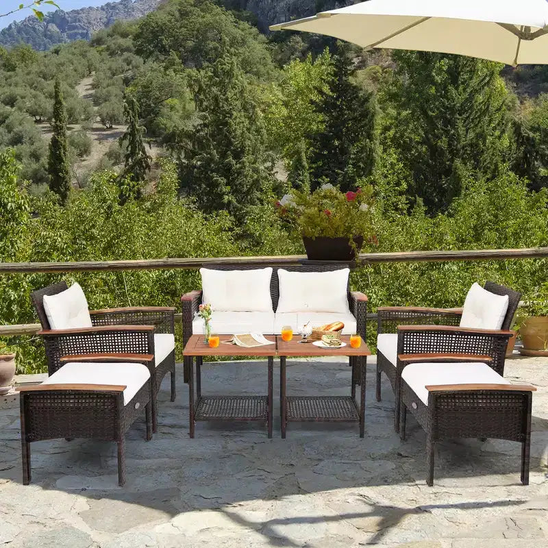 Ensemble de mobilier de patio Costway 7 pièces en rotin, canapé, causeuse, ottoman et table coussinés